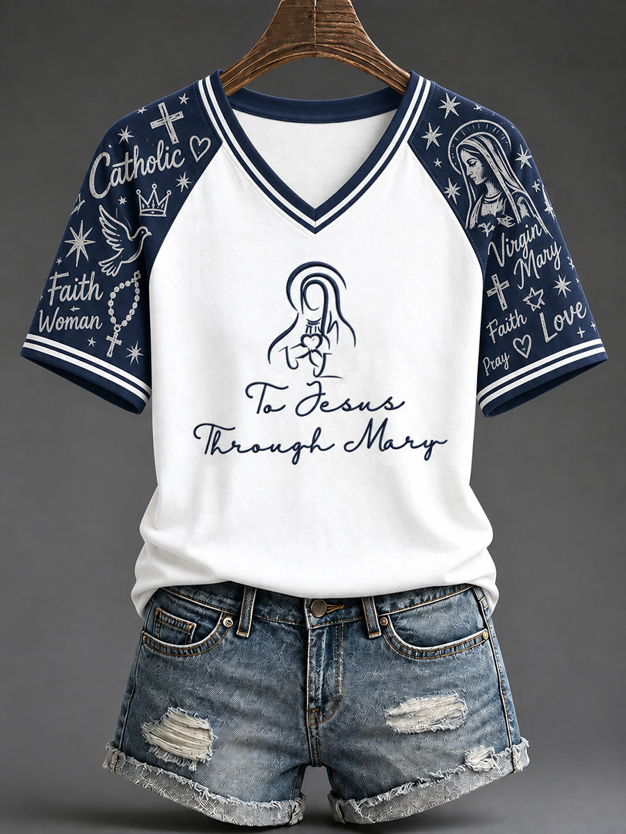 Camiseta Virgen María de fe católica "A Jesús a través de María" para mujer