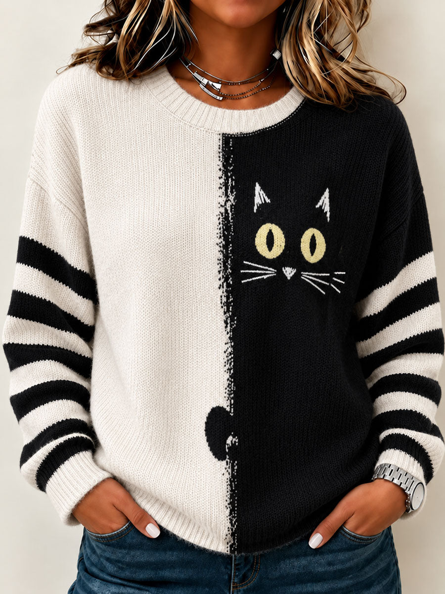 Suéter de cuello redondo con diseño de gato para mujer