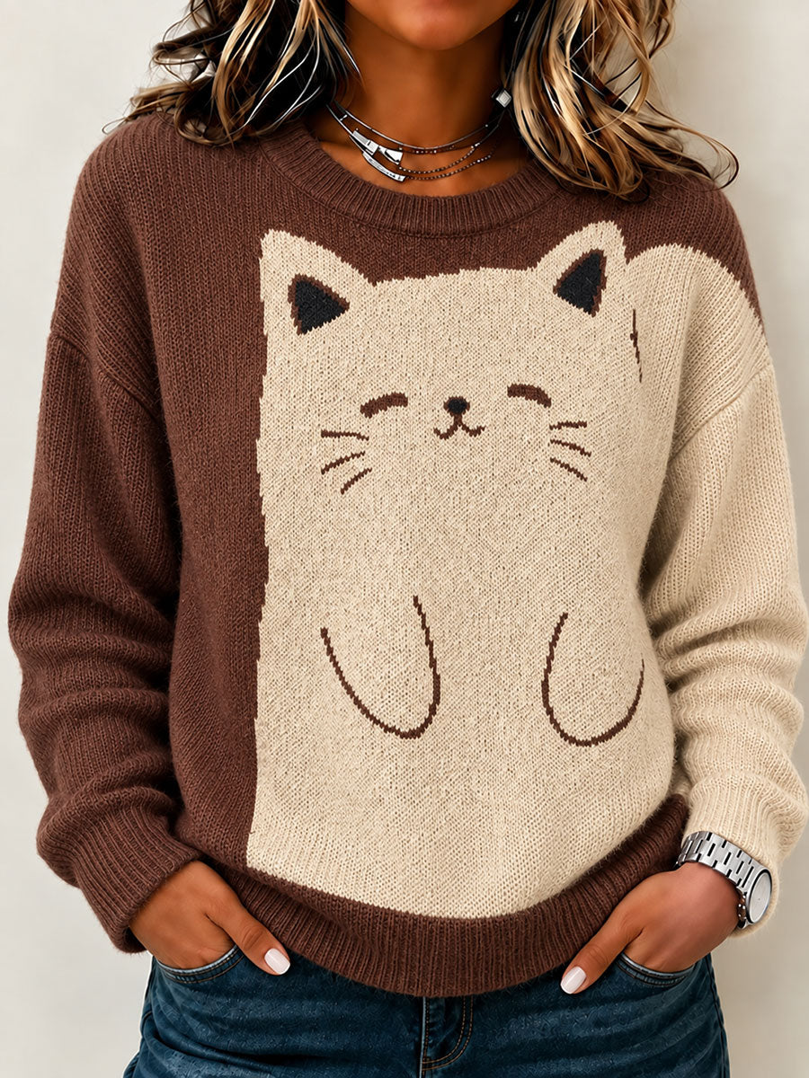 Suéter de cuello redondo con diseño de gato para mujer