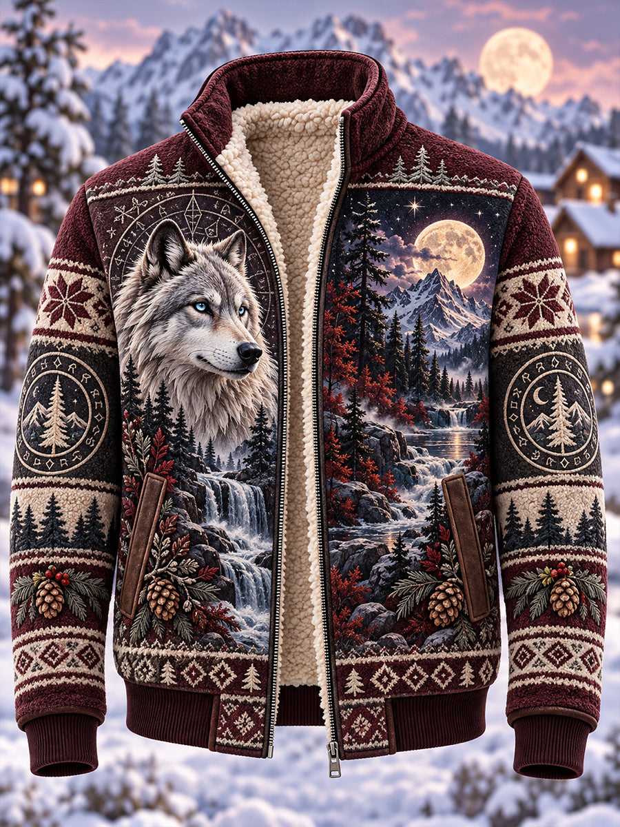 Chaqueta de cuello alto con forro polar y estampado de animales del bosque nórdico para hombre