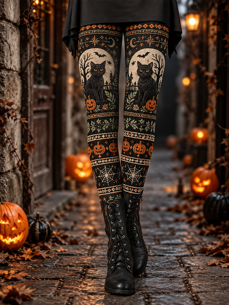 Leggings con estampado de gato negro de Halloween para mujer