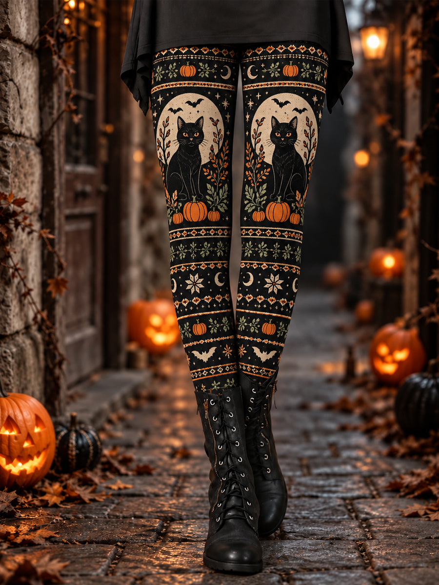 Mallas de mujer con estampado de gato negro para Halloween