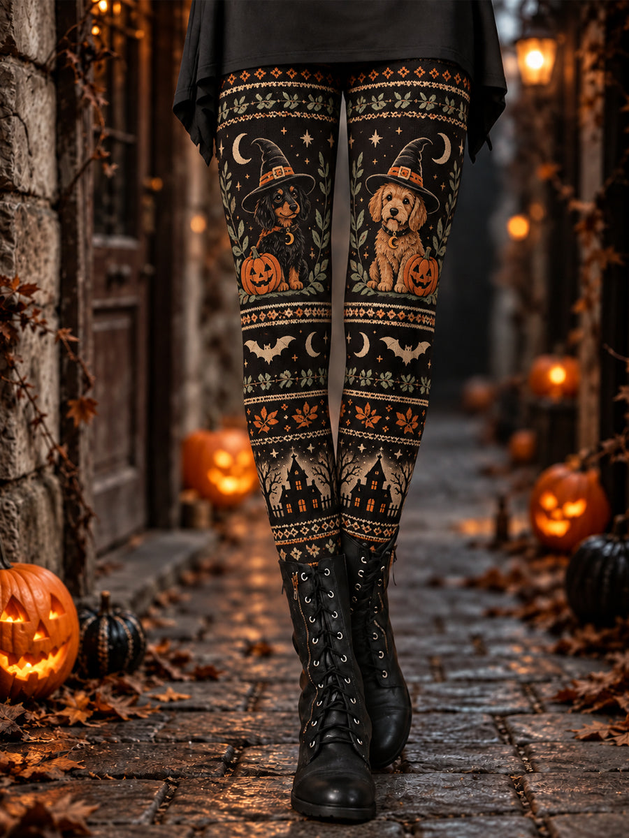 Mallas estampadas con perros para Halloween, para mujer