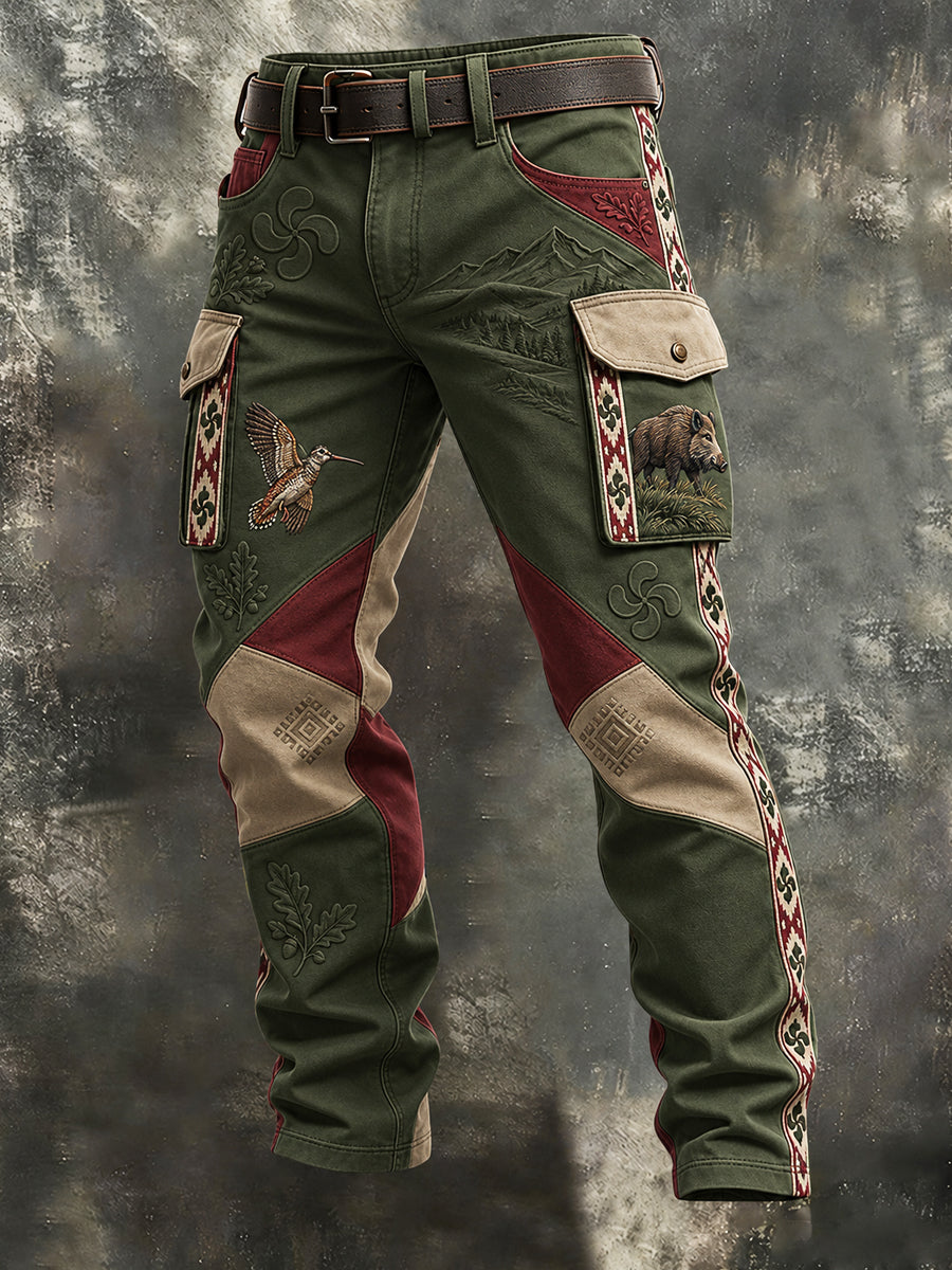 Hombre Vintage Vasco Caza Estampado Animal Trabajo Pantalones