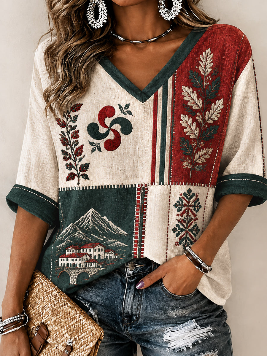 Top con cuello en V vintage vasco floral para mujer
