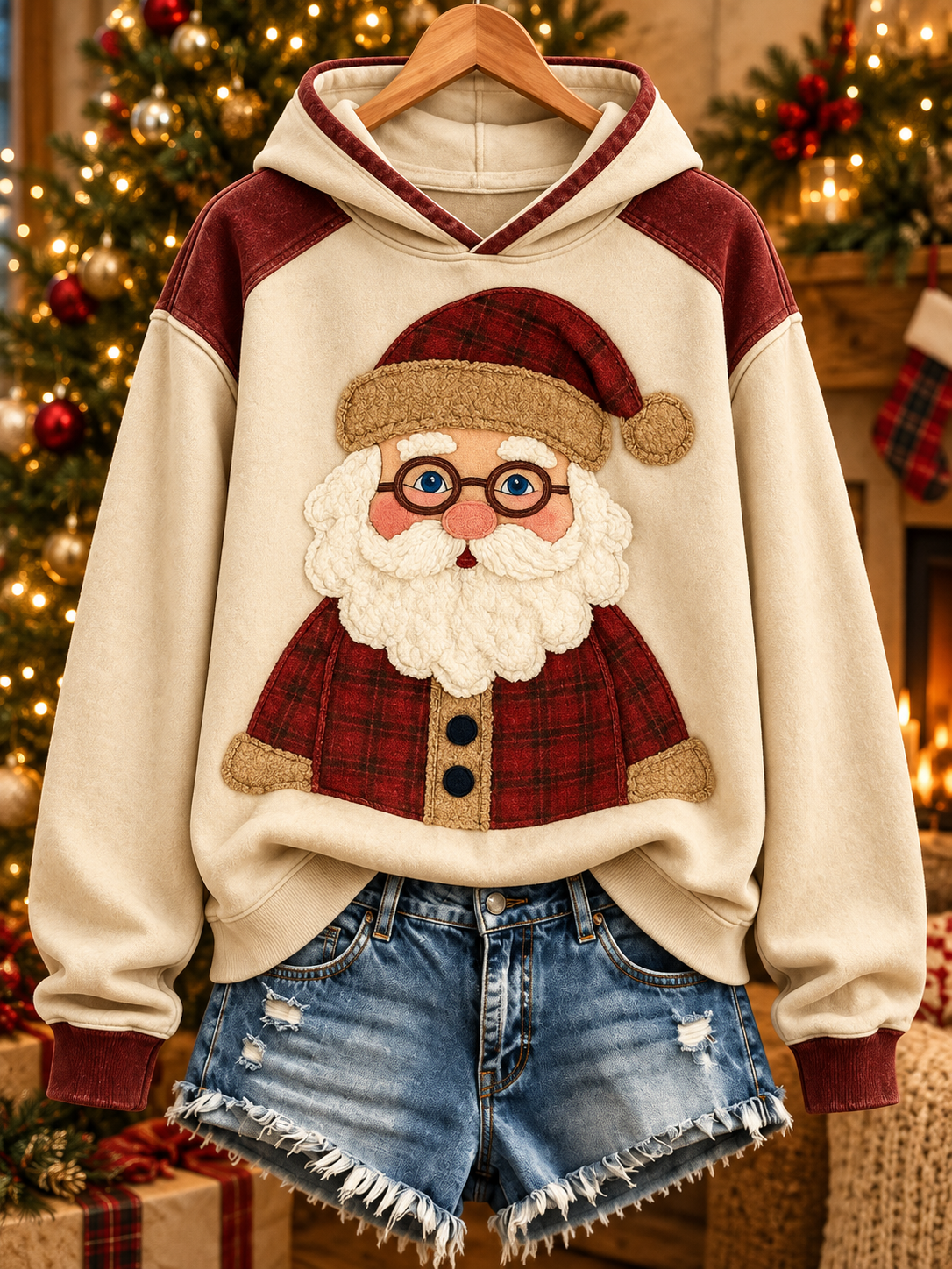 Sudadera regular con estampado navideño de Papá Noel para mujer