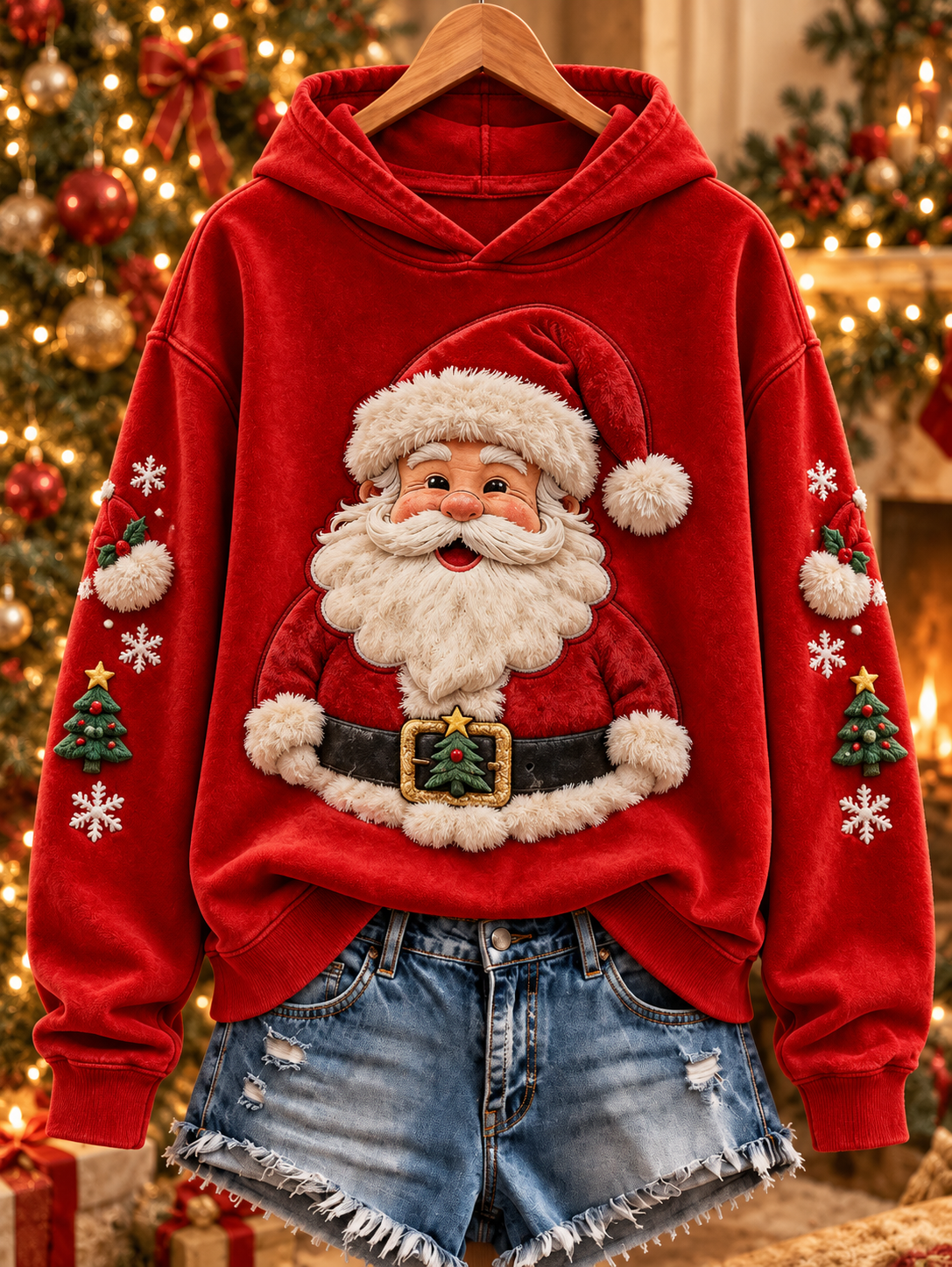 Sudadera regular con estampado navideño de Papá Noel para mujer