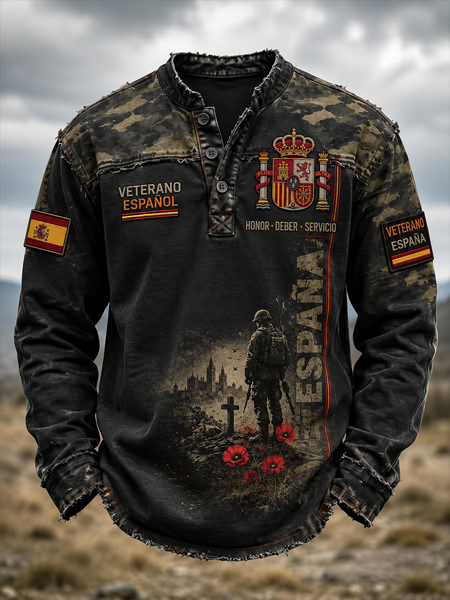 Camiseta casual impresa del botón del día del recuerdo de los veteranos españoles de los hombres