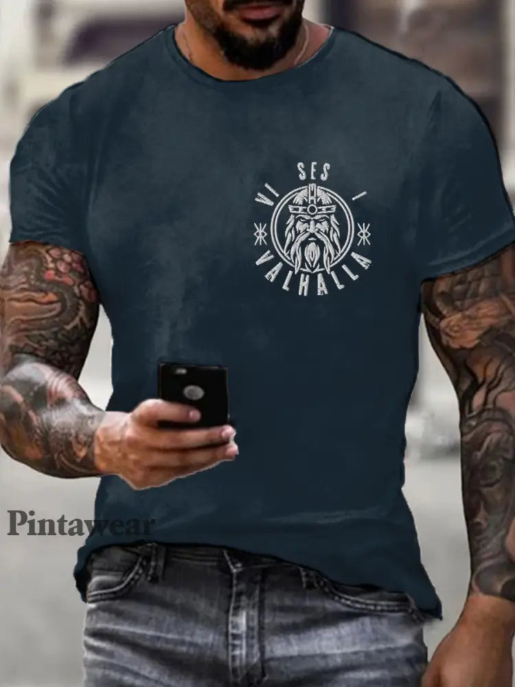 Suecia Viking estilo I’ll See You In Valhalla camiseta impresa de los hombres azul marino / S