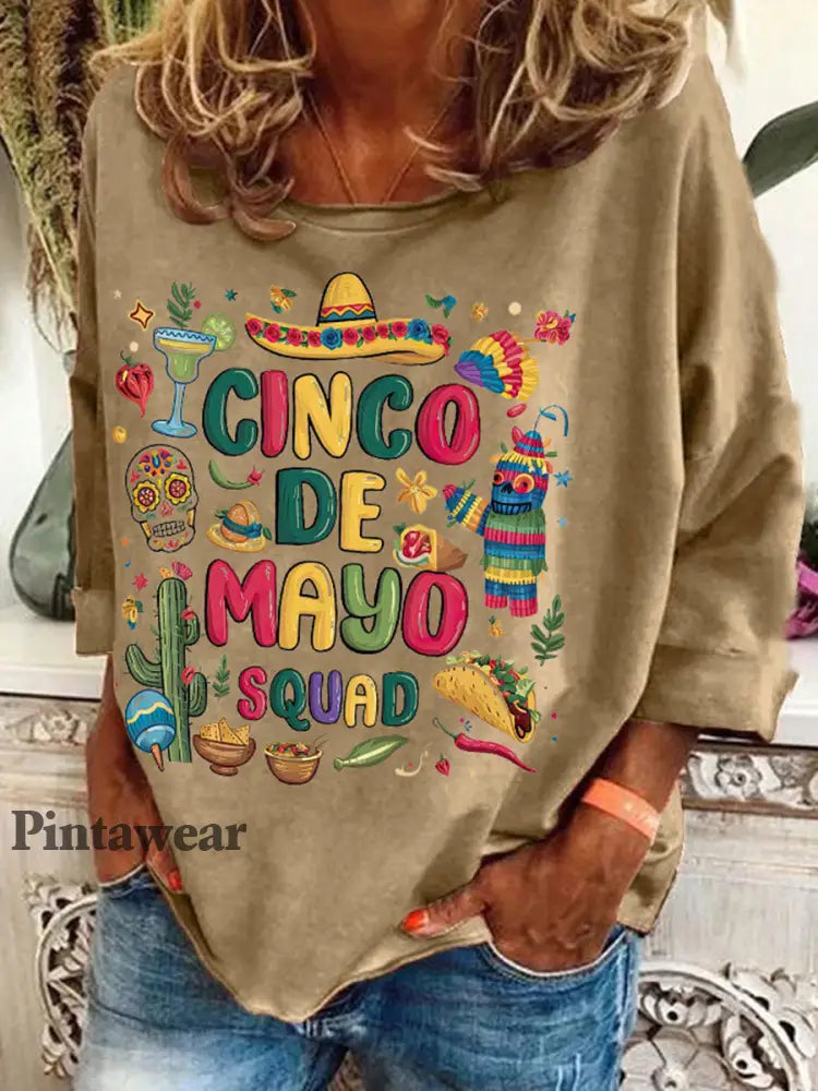 Top con estampado de arte floral de México Cinco de Mayo para mujer Caqui / S