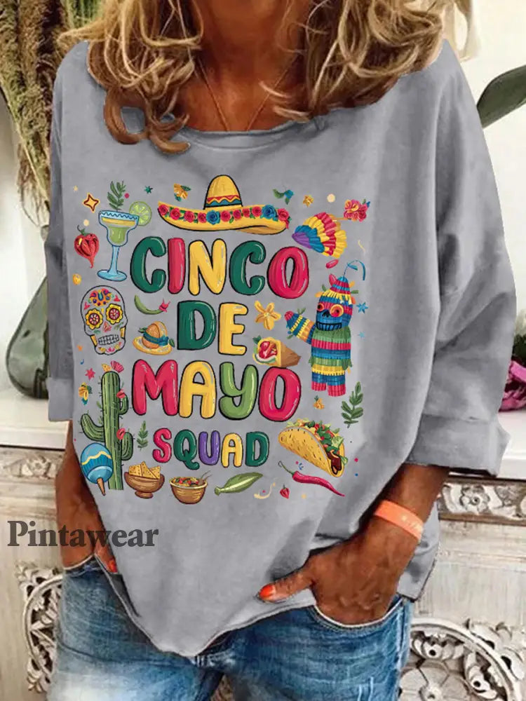 Top con estampado de arte floral de México Cinco de Mayo para mujer Gris / S