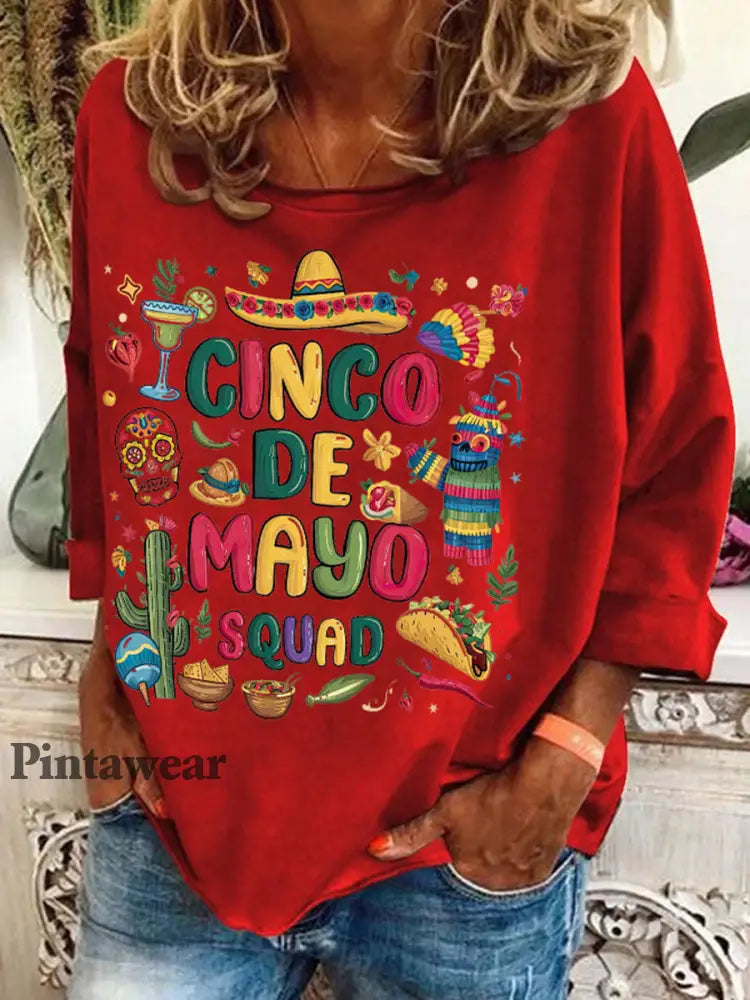 Top con estampado de arte floral de México Cinco de Mayo para mujer Rojo / L