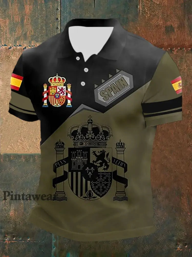 Top de manga corta con estampado de bandera de España para hombre verde ejército / S