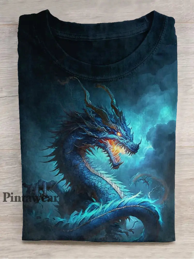 Unisex Frost Dragon Art Print Crew Cuello Camiseta de manga corta azul marino / S
