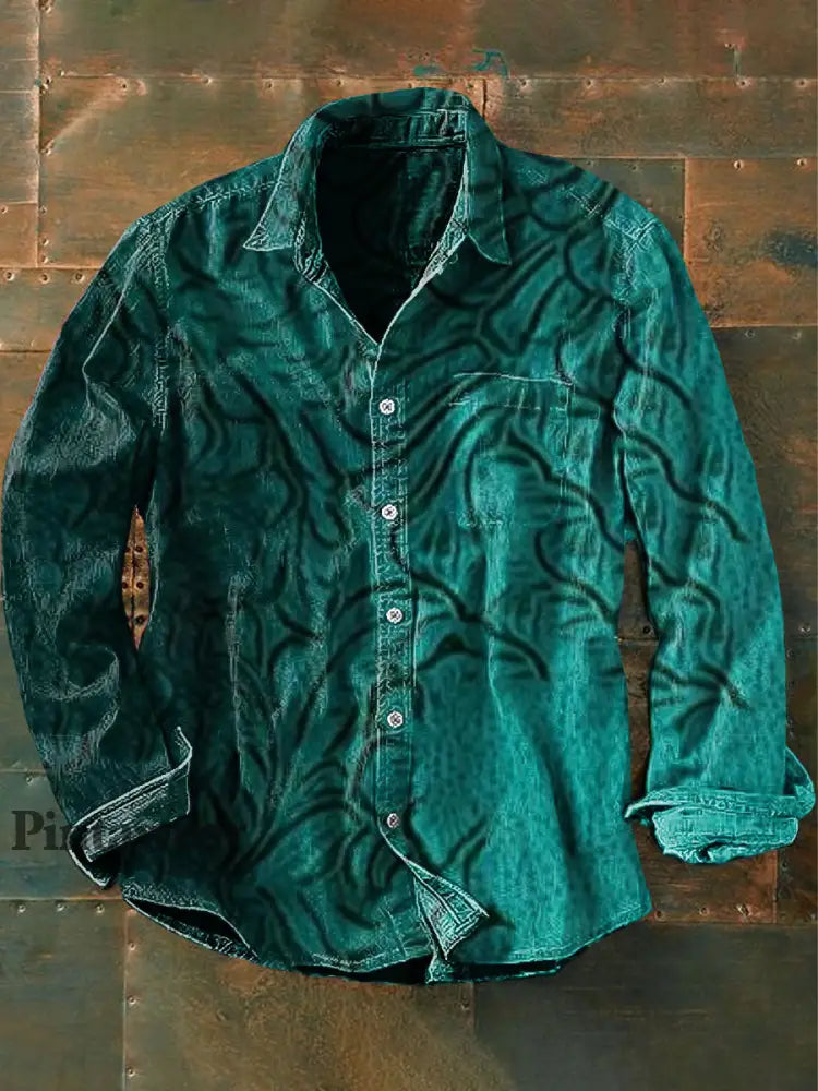 Unisex Hombres Vintage Gothic Gradient Blue Ripple Abstract Print Casual Camisa de manga larga como imagen / S