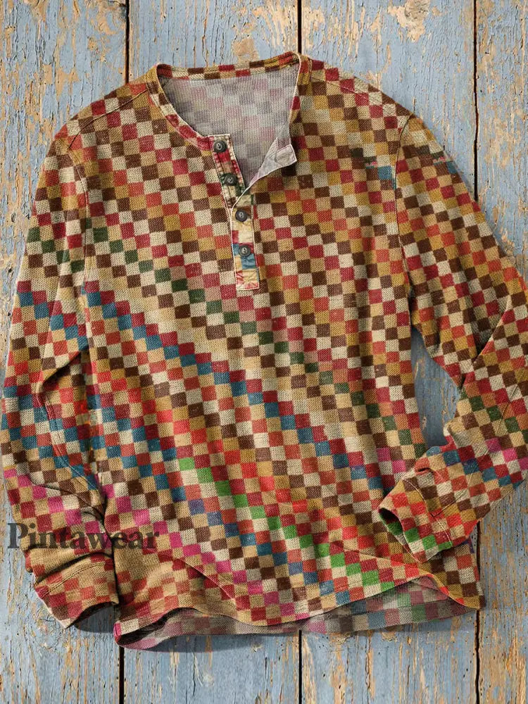 Unisex simple retro occidental colorido arte impresión manga larga moda Henley camisa A / S