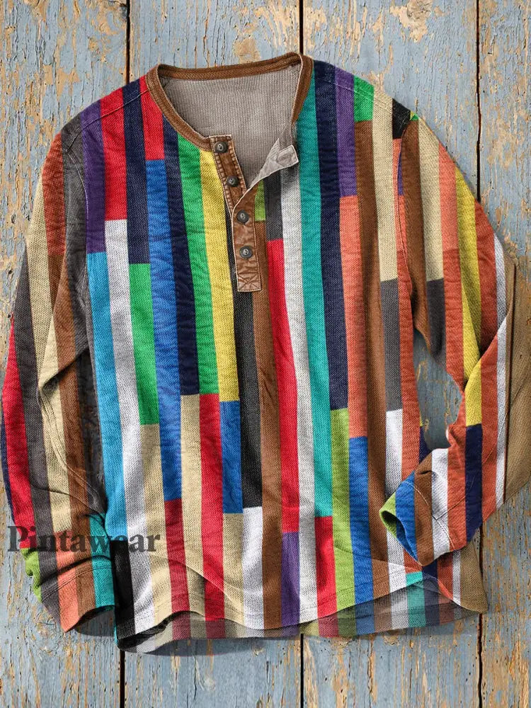 Unisex simple retro occidental colorido arte impresión manga larga moda Henley camisa A / S