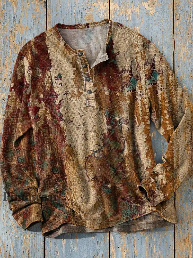 Unisex simple retro occidental colorido arte impresión manga larga moda Henley camisa A / S Camiseta