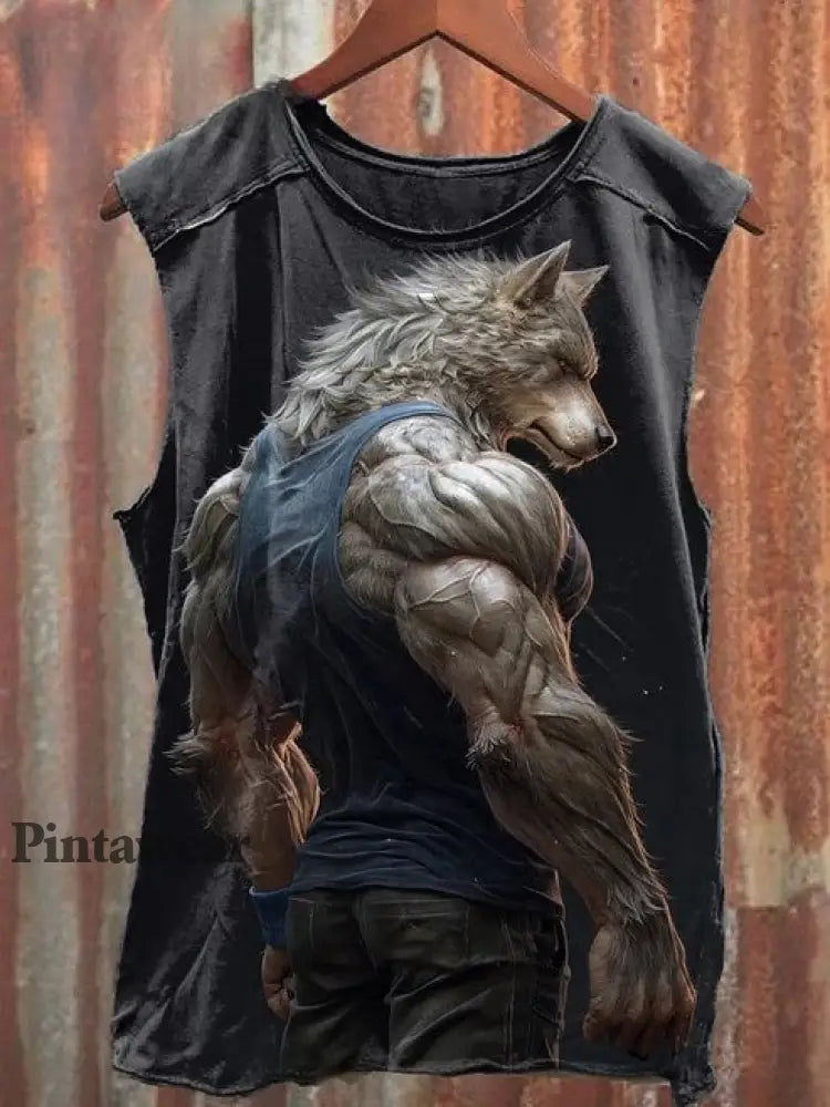 Unisex Wolf Warrior Art Illustration Impreso Casual Tank Top de algodón como imagen / S