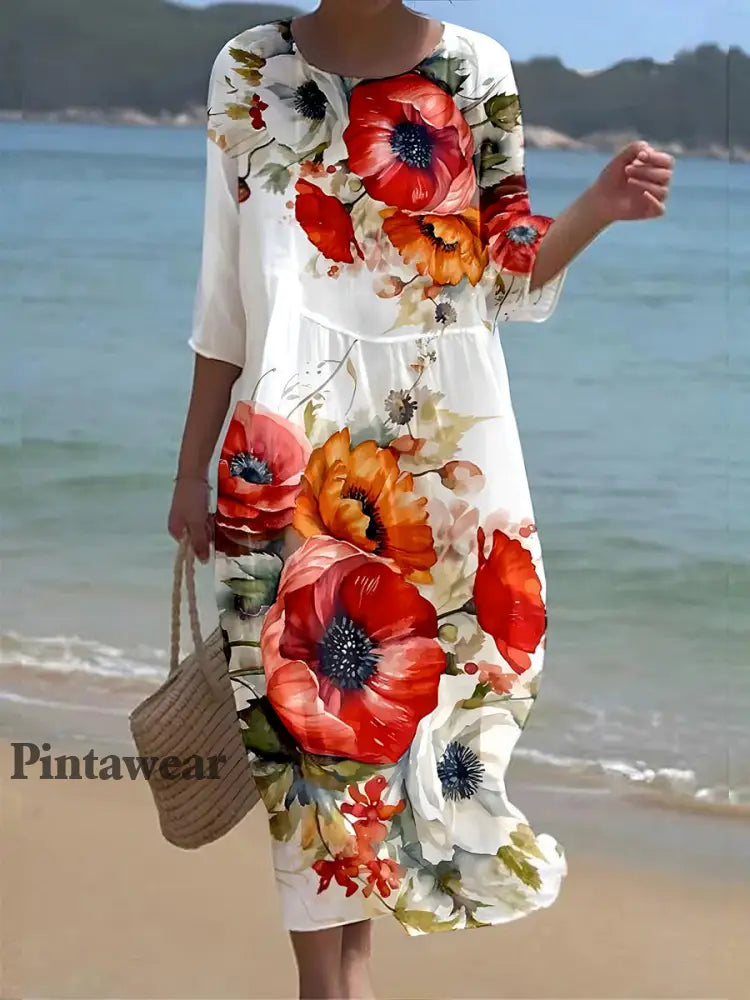 Vestido maxi con cuello en V y estampado de arte de amapola vintage para mujer A / S