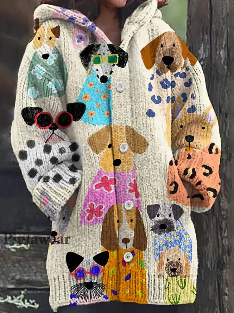 Vintage Animal Art Print botón grueso de manga larga con capucha Cardigan A / S Cardigan