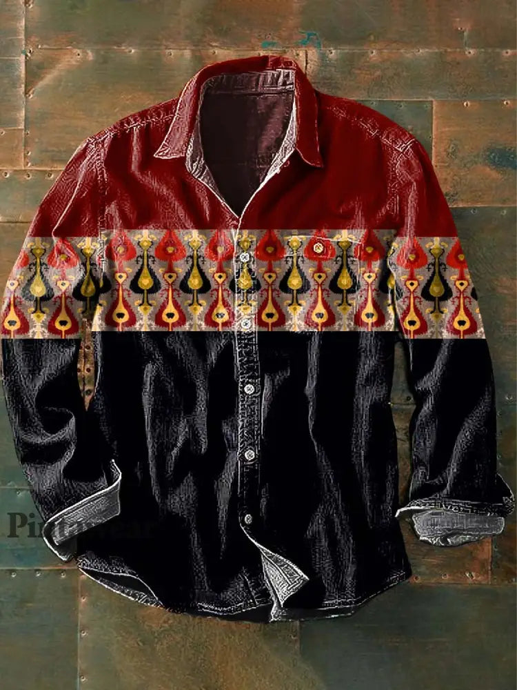 Vintage Spliced Western Patrón Imprimir Casual Solapa Manga Larga Camisa de los hombres como imagen / S Camisas