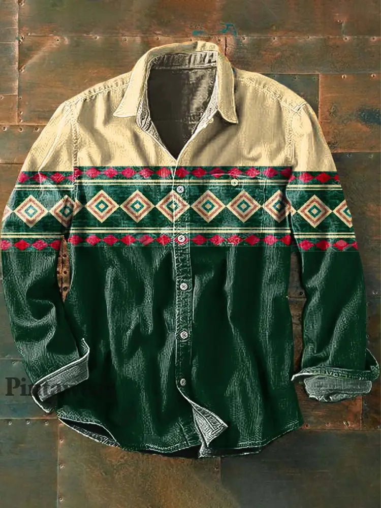 Vintage Spliced Western Patrón Imprimir Casual Solapa Manga Larga Camisa de los hombres como imagen / S Camisas