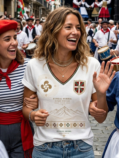 Camiseta de mujer vasca con cuello en V, hombros descubiertos y manga corta