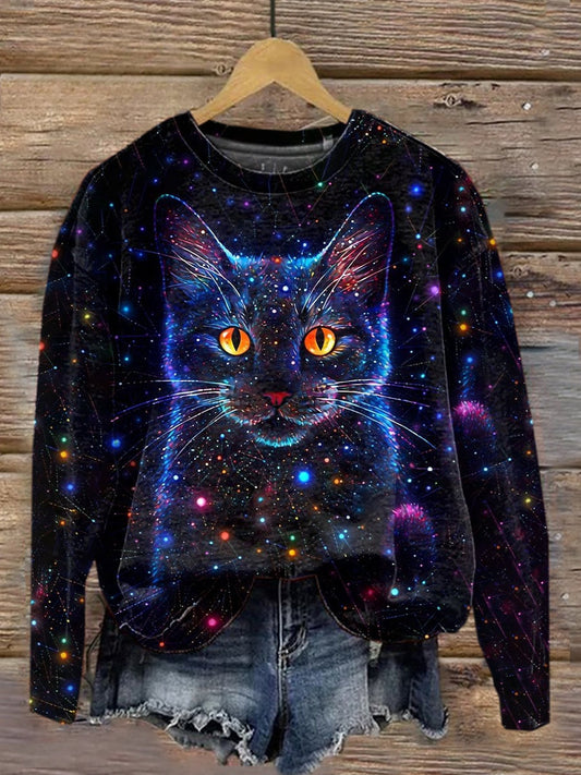 Unisex Starry Cat Art Ilustración Impreso Casual Crewneck Sudadera