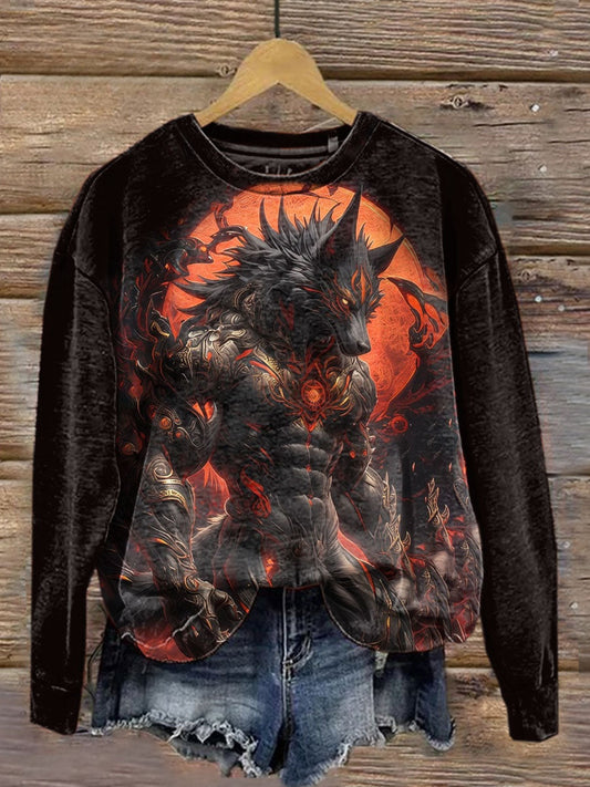 Unisex Wolf Warrior Art Illustration Impreso Casual Crewneck Sudadera