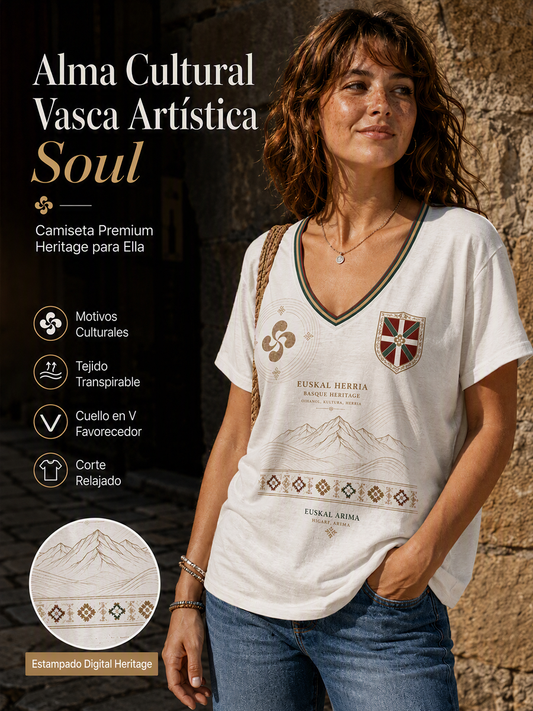 Camiseta de mujer vasca con cuello en V, hombros descubiertos y manga corta