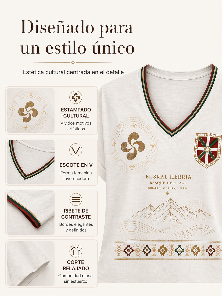 Camiseta de mujer vasca con cuello en V, hombros descubiertos y manga corta