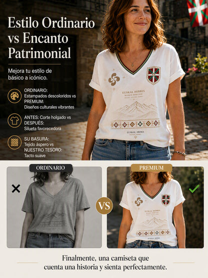 Camiseta de mujer vasca con cuello en V, hombros descubiertos y manga corta
