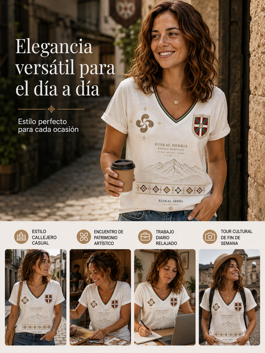 Camiseta de mujer vasca con cuello en V, hombros descubiertos y manga corta