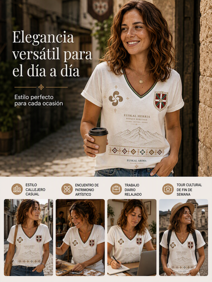 Camiseta de mujer vasca con cuello en V, hombros descubiertos y manga corta
