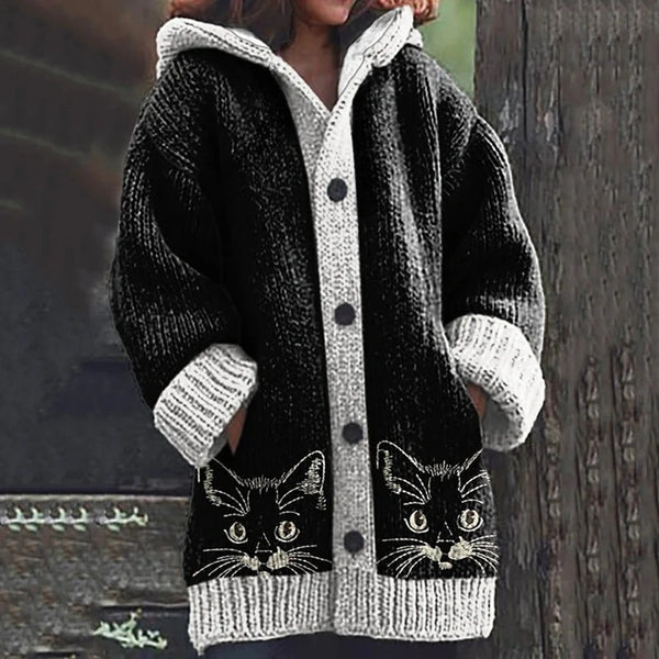 Retro Cat Art Print Botón de manga larga gruesa con capucha Cardigan