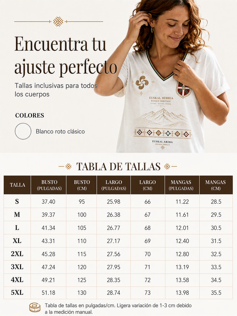 Camiseta de mujer vasca con cuello en V, hombros descubiertos y manga corta