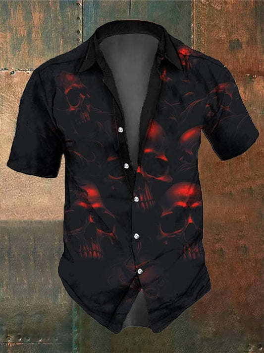 Camisa casual retro de manga corta con calavera oscura para hombre