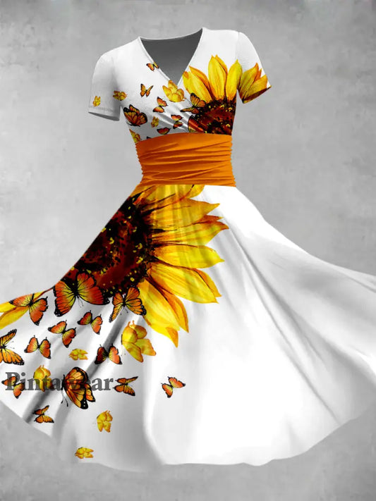 Arte de la mariposa del girasol Impreso V-cuello de la vendimia Vestido de manga corta Midi A / S