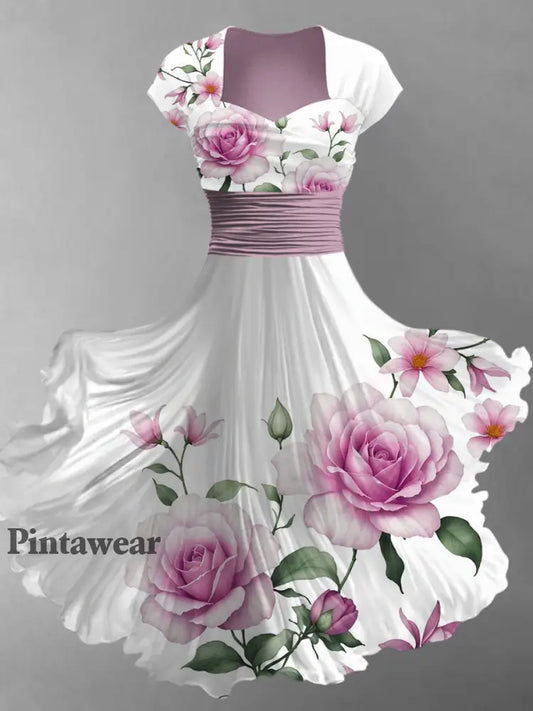 Arte Floral Retro Impreso Vintage V-cuello plisado cintura manga corta vestido de Midi A / S