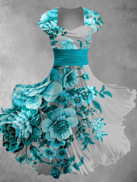 Arte Floral Retro Impreso Vintage V-cuello plisado cintura manga corta vestido de Midi A / S