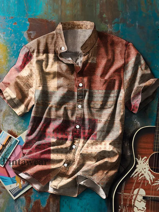 Camisa de bolsillo de manga corta de cuello alto con estampado de arte geométrico abstracto vintage para hombre