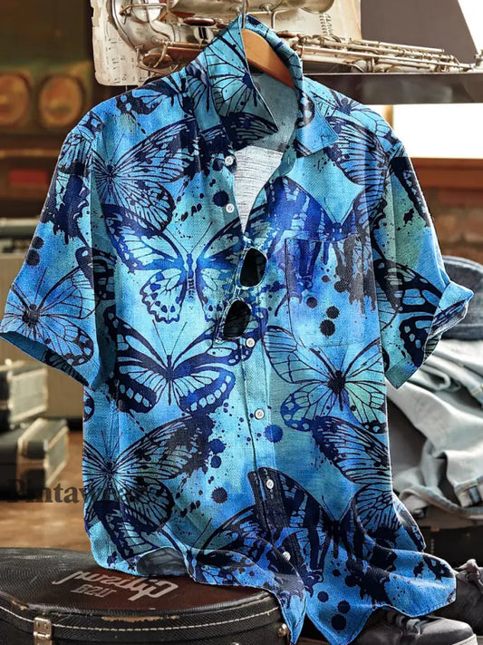 Camisa de bolsillo de manga corta de solapa con estampado de arte abstracto vintage para hombre colorido / S Camisas