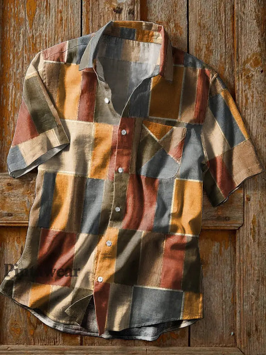 Camisa de bolsillo de manga corta de solapa impresa geométrica multicolor retro de los hombres colorido / S