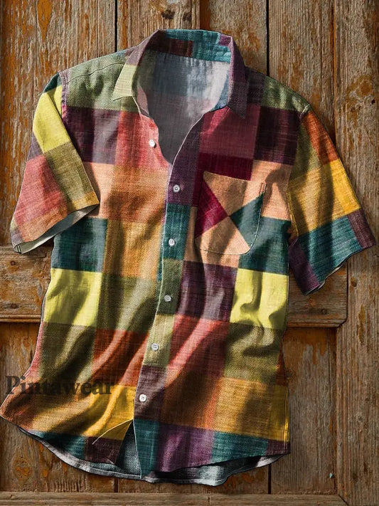 Camisa de bolsillo de manga corta de solapa impresa de tablero de ajedrez colorido vintage para hombres colorido / S