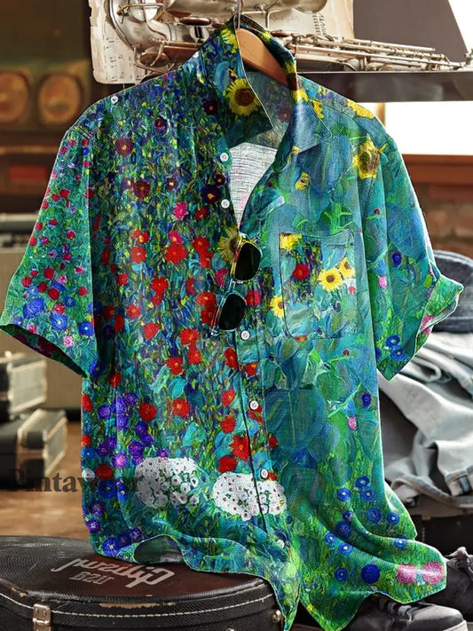 Camisa de bolsillo de manga corta de solapa de impresión de arte floral abstracto colorido vintage de los hombres