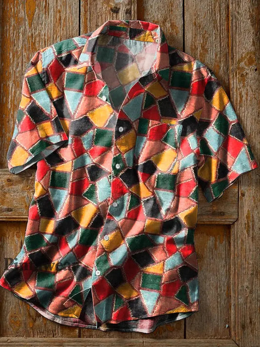 Camisa de bolsillo de manga corta de solapa de impresión geométrica irregular retro de los hombres colorido / S