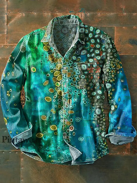 Camisa de bolsillo de manga larga con estampado de arte abstracto colorido vintage para hombres colorido / S Camisas