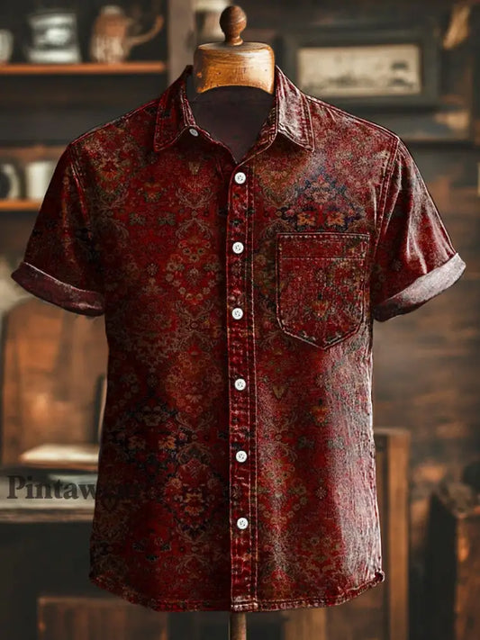Camisa de manga corta casual con estampado de arte geométrico étnico vintage colorido / S