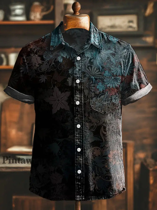Camisa de manga corta casual con estampado floral colorido degradado vintage colorido / S